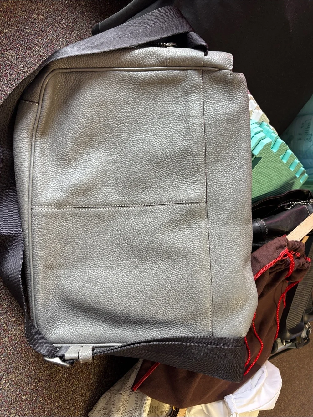 Coach Pebbled Leather Messenger Bag in Light Gray with Black Strap